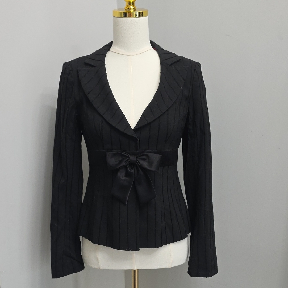 Nanette Lepore Vintage Black Tailored Pinstripe Tuxedo Blazer with Satin Bow